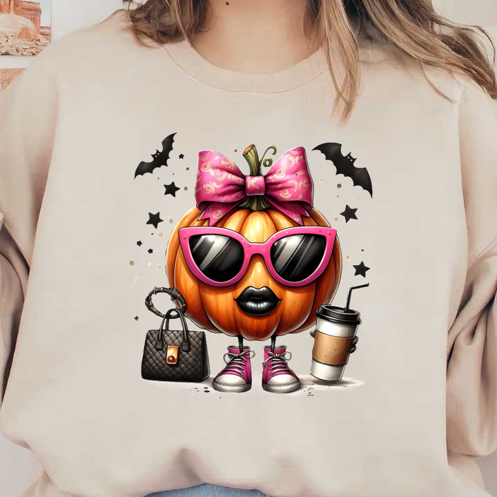 Esta moderna calabaza presenta un lazo rosa, gafas de sol de gran tamaño, zapatillas elegantes y está complementada con un bolso y una taza de café.