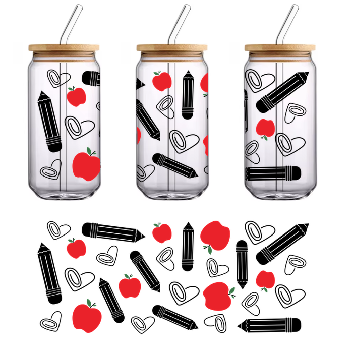 Una ilustración divertida de manzanas rojas vibrantes con hojas verdes, esparcidas sobre un fondo simple. Transferencias UV