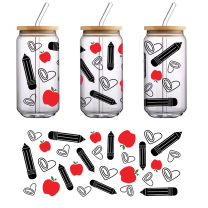 Una ilustración divertida de manzanas rojas vibrantes con hojas verdes, esparcidas sobre un fondo simple. Transferencias UV