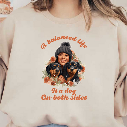 Un diseño alegre que presenta a una mujer con dos Rottweilers, rodeada de flores, resaltando la alegría de la compañía.