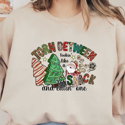 Festive and fun, this illustration features playful Christmas trees, popcorn, and Santa, highlighting a love for holiday snacks and movies!DTF Transfers dtf prints