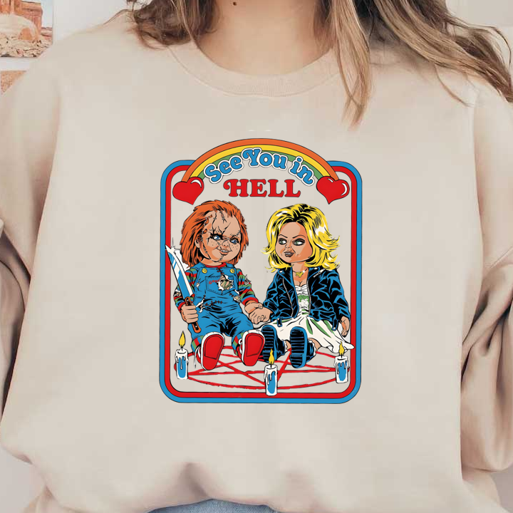 A colorful, cartoon-style illustration featuring creepy dolls inspired by horror, titled "See You in Hell," with charming details.dtf regular iron