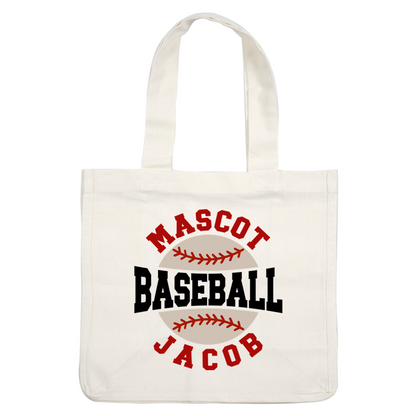 A playful baseball-themed design featuring the words "MASCOT" and "JACOB" in bold red around a baseball stitch graphic.DTF Transfers heat press transfers