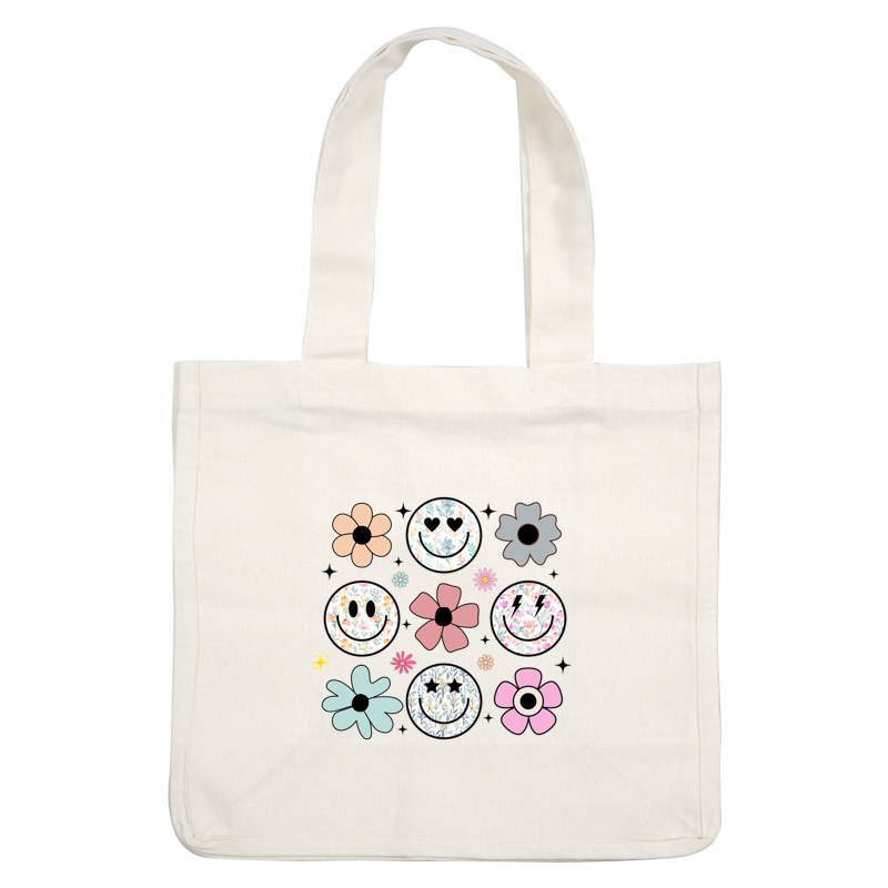 A vibrant collection of cheerful smiley faces and colorful flowers, each adorned with unique floral patterns and playful designs. heat press transfers