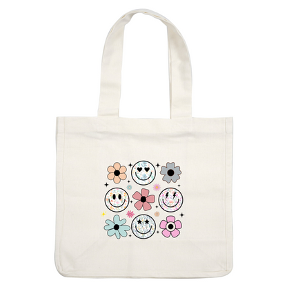 A vibrant collection of cheerful smiley faces and colorful flowers, each adorned with unique floral patterns and playful designs. heat press transfers