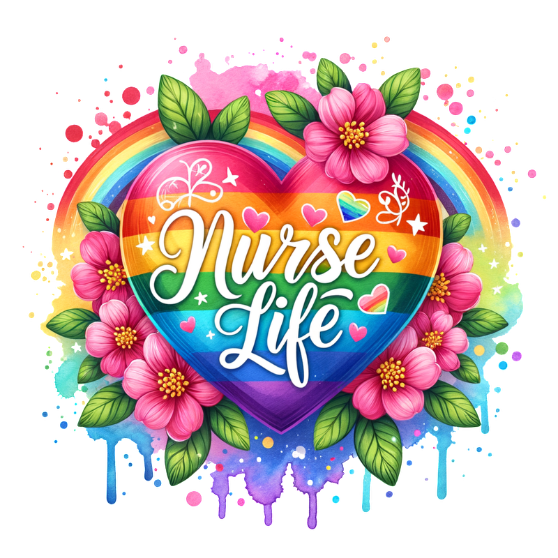 A vibrant, rainbow heart adorned with flowers and the phrase "Nurse Life," celebrating the spirit of nursing.DTF Transfers