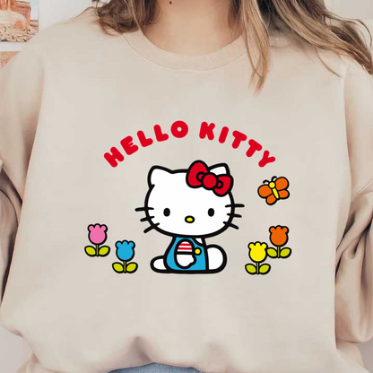 Join Hello Kitty in a whimsical garden, surrounded by colorful flowers and a cheerful butterfly, radiating cuteness and joy!DTF Transfers