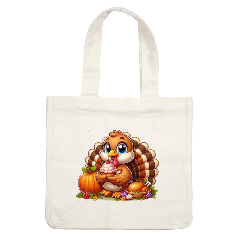 A cheerful cartoon turkey holds a cupcake, surrounded by a pumpkin, fruits, and a festive platter, celebrating Thanksgiving.dtf regular iron