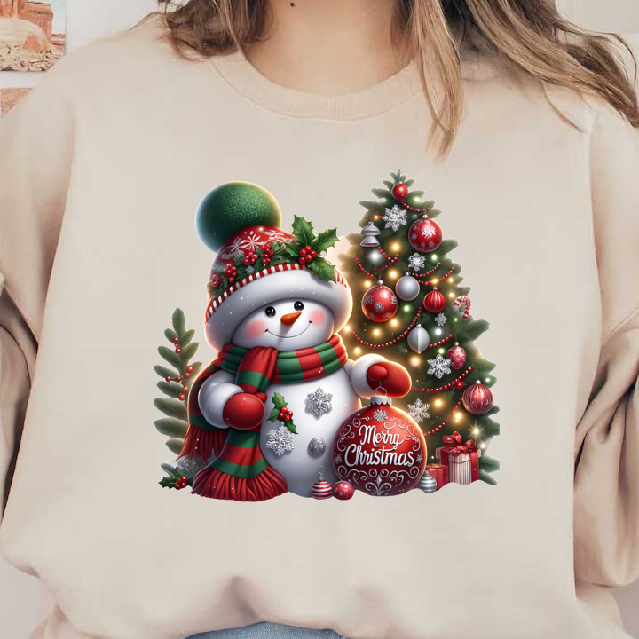 A cheerful snowman, adorned with a festive scarf and hat, stands beside a decorated Christmas tree, holding a "Merry Christmas" ornament.DTF Transfers dtf prints