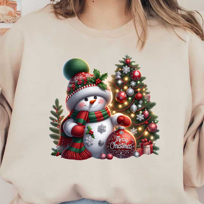 A cheerful snowman, adorned with a festive scarf and hat, stands beside a decorated Christmas tree, holding a "Merry Christmas" ornament.DTF Transfers dtf prints