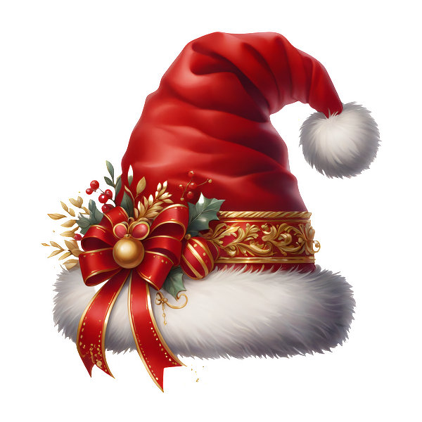 A festive red Santa hat adorned with elegant golden trim, a fluffy white brim, and decorative greenery and ribbon accents. dtf prints