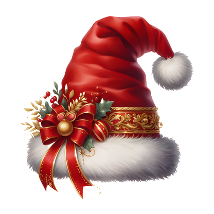 A festive red Santa hat adorned with elegant golden trim, a fluffy white brim, and decorative greenery and ribbon accents. dtf prints