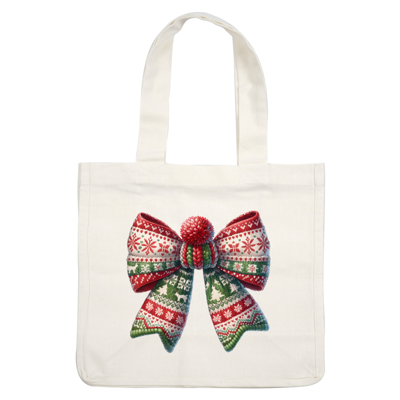 Festively patterned in red, green, and white, this large Christmas bow features intricate holiday designs and a fluffy pom-pom center. dtf prints