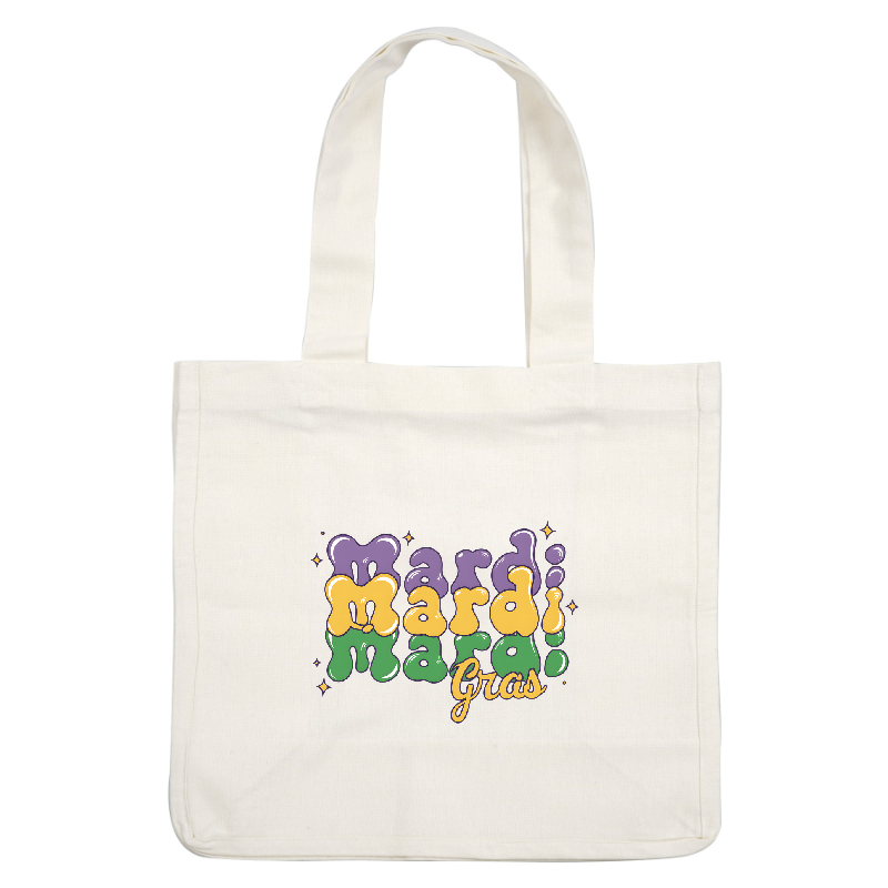 Colorful and playful Mardi Gras-themed typography featuring vibrant purple, green, and yellow letters, perfect for celebrating the festive occasion.DTF Transfers