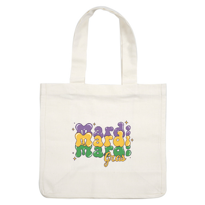 Colorful and playful Mardi Gras-themed typography featuring vibrant purple, green, and yellow letters, perfect for celebrating the festive occasion.DTF Transfers