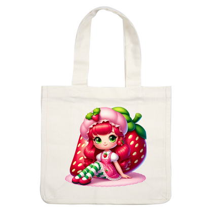 This adorable strawberry-themed character features bright green eyes, vibrant red hair, and a playful outfit with striped stockings.DTF Transfers