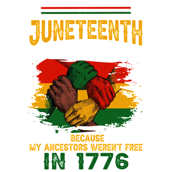 A vibrant graphic highlighting Juneteenth with interlocking hands, celebrating freedom and emphasizing ancestral connections, dated 1865. dtf prints