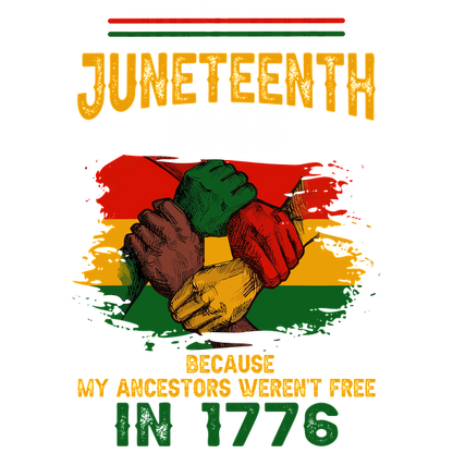 A vibrant graphic highlighting Juneteenth with interlocking hands, celebrating freedom and emphasizing ancestral connections, dated 1865. dtf prints