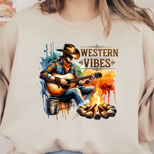 Un vaquero tocando la guitarra junto a una fogata encarna la esencia del estilo western con un toque colorido y artístico.