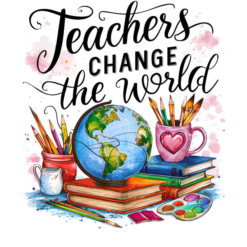 A vibrant illustration featuring a globe, colorful pens, an artistic palette, and books, celebrating how teachers change the world.DTF Transfers