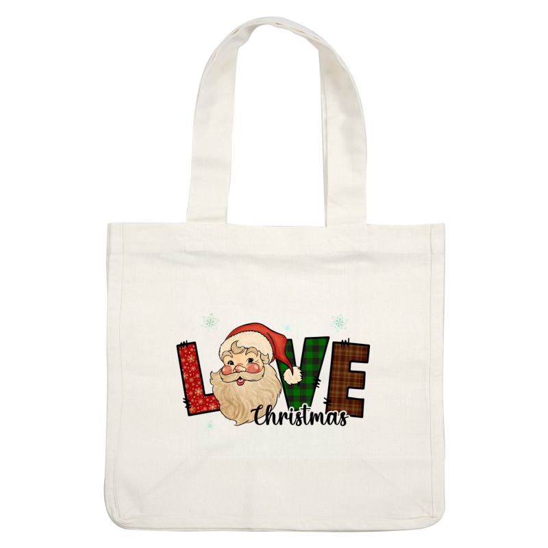 A festive illustration featuring Santa Claus along with colorful letters spelling "LOVE," adorned with snowflakes and cheerful patterns. dtf prints