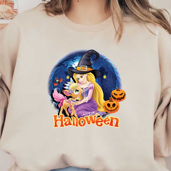 A whimsical Halloween scene featuring a young witch in a purple dress with her magical pet surrounded by pumpkins and spooky decorations.dtf regular iron