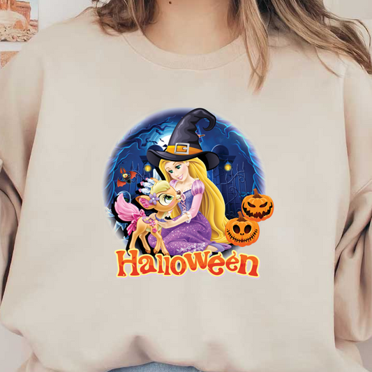 A whimsical Halloween scene featuring a young witch in a purple dress with her magical pet surrounded by pumpkins and spooky decorations.dtf regular iron