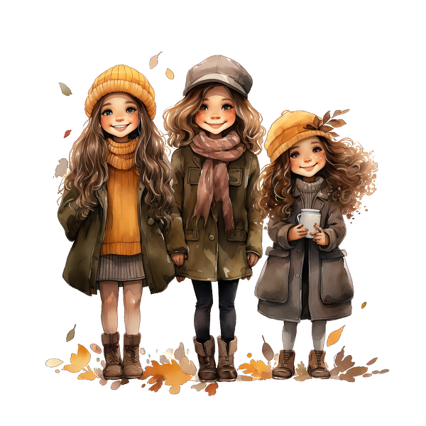 A charming illustration of three girls in stylish autumn outfits, featuring warm colors, hats, and cozy sweaters amidst falling leaves.dtf regular iron