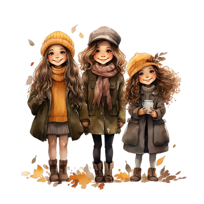 A charming illustration of three girls in stylish autumn outfits, featuring warm colors, hats, and cozy sweaters amidst falling leaves.dtf regular iron