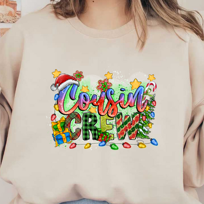 A vibrant and festive design featuring "Cousin Crew" in playful lettering with holiday decorations, gifts, and colorful lights.DTF Transfers dtf transfers