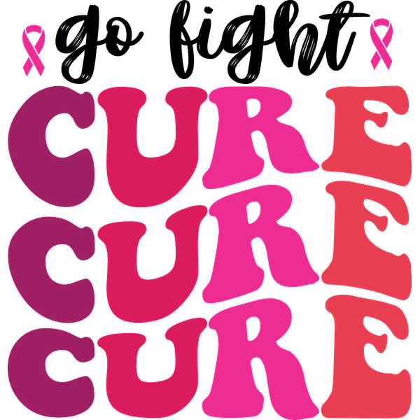 Diseño de texto colorido "CURE" con varios tonos de rosa, que enfatiza el apoyo y la concientización, junto con un símbolo de cinta rosa.