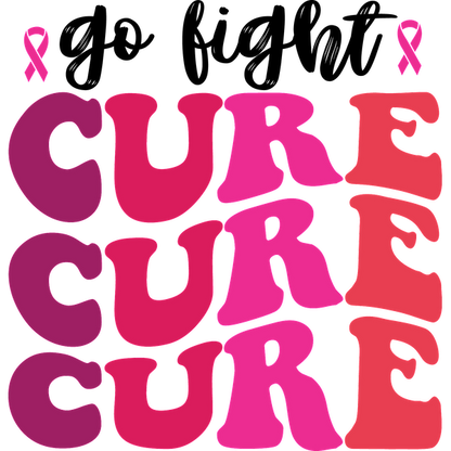 Diseño de texto colorido "CURE" con varios tonos de rosa, que enfatiza el apoyo y la concientización, junto con un símbolo de cinta rosa.