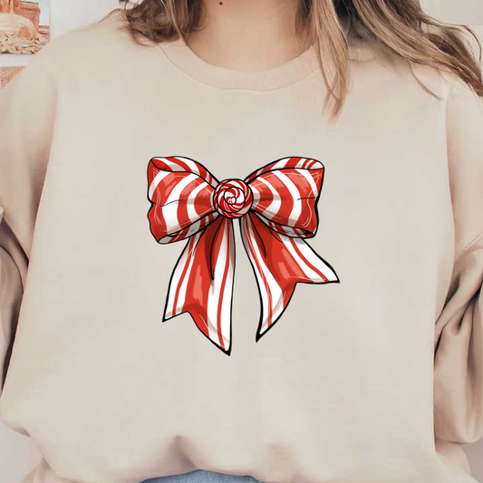 A whimsical red and white striped bow with a candy swirl center, perfect for festive decorations or gifts.dtf regular iron