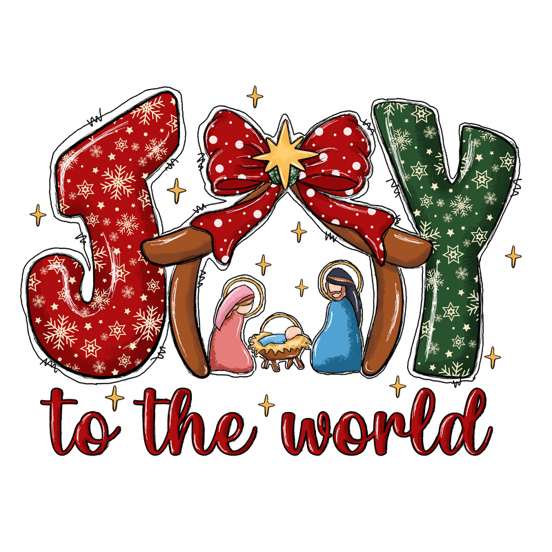 Festive "Joy to the World" design featuring colorful lettering, a star, and a nativity scene, perfect for holiday cheer!DTF Transfers
