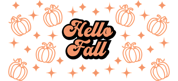 Charming autumn-themed graphic featuring "Hello Fall" text surrounded by illustrated pumpkins and sparkling stars in warm hues.UV Transfersdtf regular iron