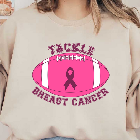 A vibrant pink football design featuring the phrase "Tackle Breast Cancer" alongside a breast cancer awareness ribbon. dtf transfers