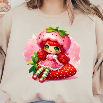 This adorable character features vibrant red hair, green eyes, and a cute strawberry hat, sitting on a giant strawberry.DTF Transfers