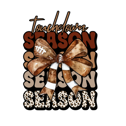 Celebrate football season with this lively design featuring a playful bow, football, and "Touchdown Season" text in vibrant colors. dtf prints