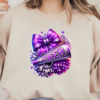 A vibrant cheerleader design featuring a megaphone adorned with the word "CHEER," complemented by a purple bow and colorful pom-poms.DTF Transfers heat press transfers