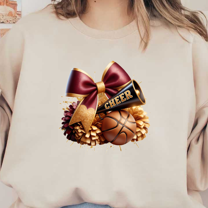 A vibrant cheerleading design featuring a megaphone, a basketball, and a decorative bow, perfect for sports enthusiasts.DTF Transfers dtf prints