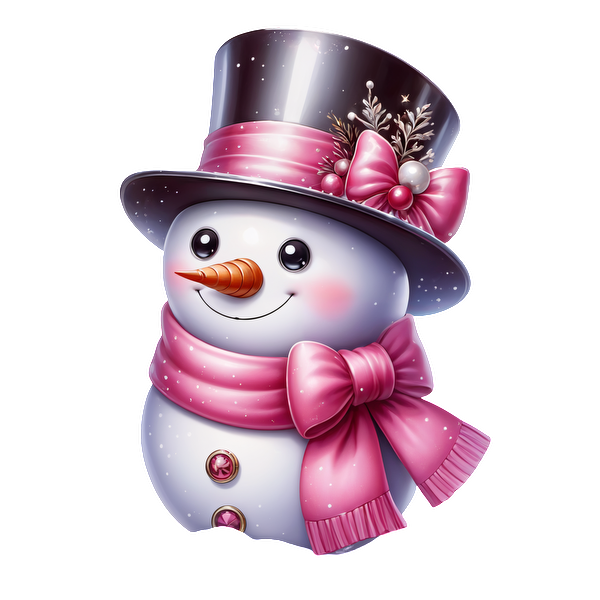 A cheerful snowman adorned with a pink scarf and a decorative top hat, featuring festive accents for a joyful winter vibe. dtf transfers