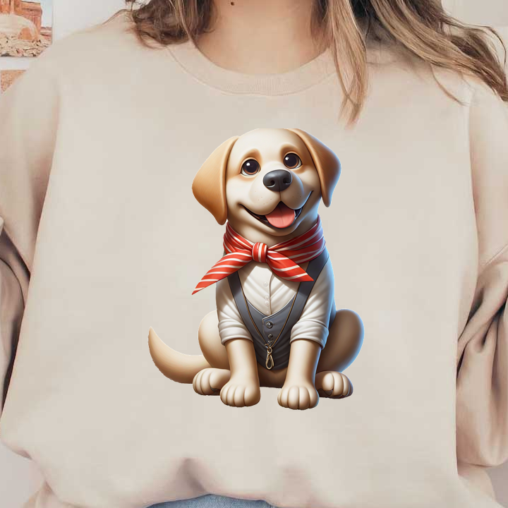 Un alegre perro labrador de dibujos animados vestido con un chaleco formal y una bufanda de rayas rojas, listo para saludar a todos con una sonrisa.