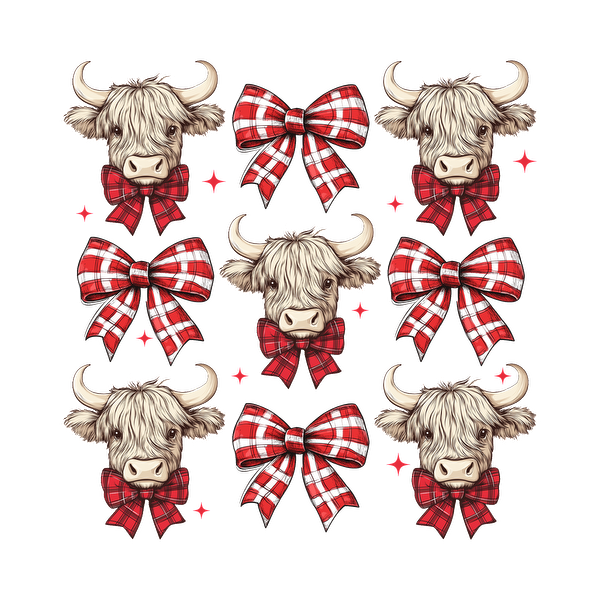 Un patrón caprichoso que presenta adorables cabezas de vaca adornadas con lazos a cuadros rojos, perfecto para diseños acogedores y festivos.