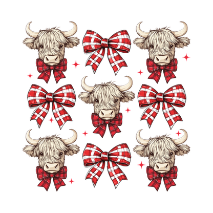 Un patrón caprichoso que presenta adorables cabezas de vaca adornadas con lazos a cuadros rojos, perfecto para diseños acogedores y festivos.