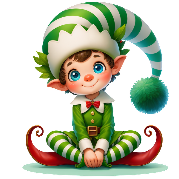 A cheerful young elf in a striped green and white outfit, complete with a playful hat and a big smile.DTF Transfers heat press transfers