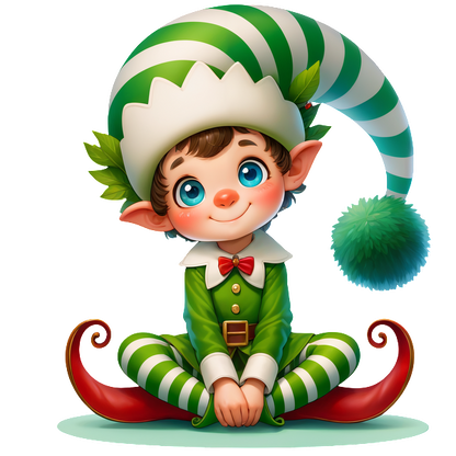 A cheerful young elf in a striped green and white outfit, complete with a playful hat and a big smile.DTF Transfers heat press transfers