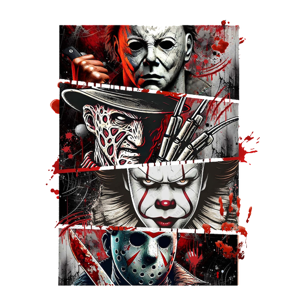 Una vívida ilustración que presenta personajes de terror icónicos, incluidos Michael Myers, Freddy Krueger, Pennywise y Jason Voorhees, con un tema oscuro y sangriento.