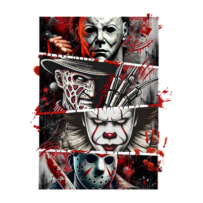 Una vívida ilustración que presenta personajes de terror icónicos, incluidos Michael Myers, Freddy Krueger, Pennywise y Jason Voorhees, con un tema oscuro y sangriento.