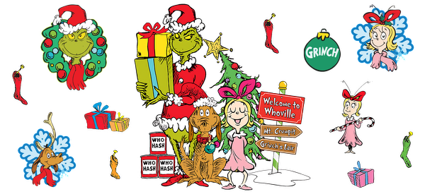 Celebrate the festive spirit of Whoville with the Grinch, his dog Max, and cheerful Whos, surrounded by gifts and decorations!UV Transfers heat press transfers