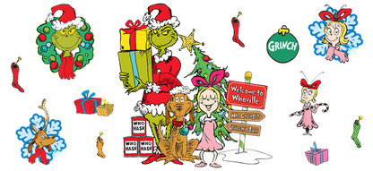 Celebrate the festive spirit of Whoville with the Grinch, his dog Max, and cheerful Whos, surrounded by gifts and decorations!UV Transfers heat press transfers